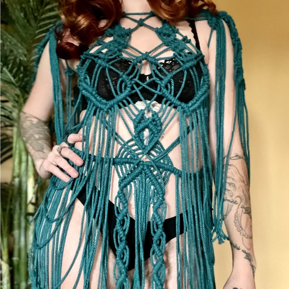 Handmade Macramé Bondage Dress Teal Blue Crochet Cut Out Distressed - Picture 9 of 16